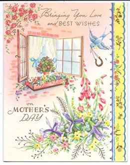 A Mother's Day greeting Card of an open window, window box and flower displays A Mother's Day greeting Card of an open window, window box and flower displays
