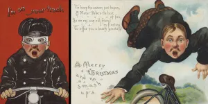 Motorcycling themed Christmas card (chromolitho) Motorcycling themed Christmas card (chromolitho)