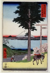 Mount Fuji behind a sequoia - Japanese print by Hiroshige Utagawa, 19th century Mount Fuji behind a sequoia - Japanese print by Hiroshige Utagawa, 19th century