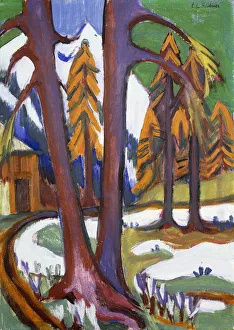 Mountain-Early Spring with Larchen; Berg-Vorfruhling mit Larchen, c Mountain-Early Spring with Larchen; Berg-Vorfruhling mit Larchen, c