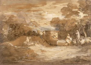 Mountain Landscape with Figures, Sheep and Fountain, c Mountain Landscape with Figures, Sheep and Fountain, c