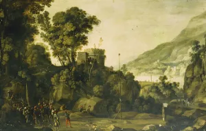 A Mountainous River Landscape with a Scene from the Life of William Tell, (oil on canvas) A Mountainous River Landscape with a Scene from the Life of William Tell, (oil on canvas)