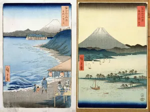 Mountains and coastline, two views from 36 Views of Mount Fuji, pub. by Kosheihei Mountains and coastline, two views from 36 Views of Mount Fuji, pub. by Kosheihei