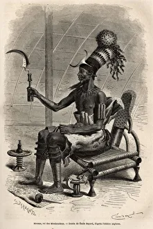 Mounza, king of the Mombuttous (tribe of Sudan), headdress of a bun covered with a Mounza, king of the Mombuttous (tribe of Sudan), headdress of a bun covered with a