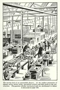 Aids Gallery: The moving belt of an automobile factory (litho)