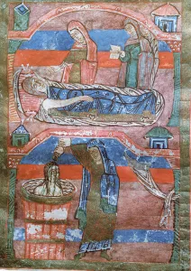 Ms 250 Dropsical woman cured by the baths by St. Radegund, from The Life of St Ms 250 Dropsical woman cured by the baths by St. Radegund, from The Life of St