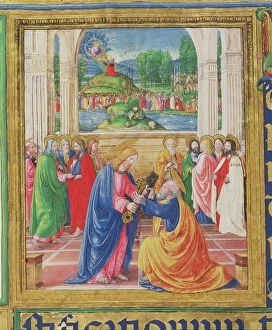 Ms 542 f.3v Christ giving the keys to St. Peter, in the background God delivers