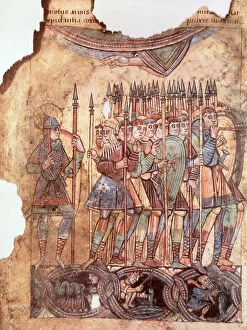 Ms Lat 1390 fol.7v Foot Soldiers in the Crusades, from La Vie de Saint Aubin d'