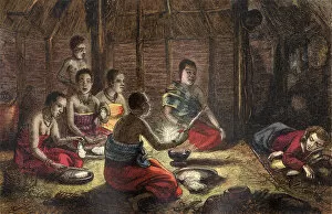 Mungo Park resting in a Natives Hut in Sego, Bambarra, 1796 (coloured woodcut)