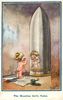 Munitions girl powdering her face in the reflection of a shell casing (colour litho) Munitions girl powdering her face in the reflection of a shell casing (colour litho)