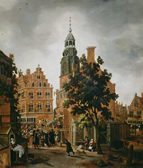 The Munt Tower with a Quack Praising his Merchandise, Amsterdam (oil on panel) The Munt Tower with a Quack Praising his Merchandise, Amsterdam (oil on panel)