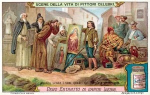 Murillo selling his paintings in the market of Seville (chromolitho) Murillo selling his paintings in the market of Seville (chromolitho)