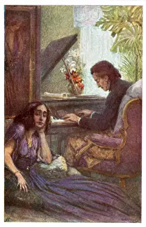 Musician and composer, Frederic Chopin, with George Sand by Adolf Karpellus (colour litho Musician and composer, Frederic Chopin, with George Sand by Adolf Karpellus (colour litho