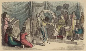 Musicians and dancers performing before the Pharaoh in Ancient Egypt (coloured engraving) Musicians and dancers performing before the Pharaoh in Ancient Egypt (coloured engraving)