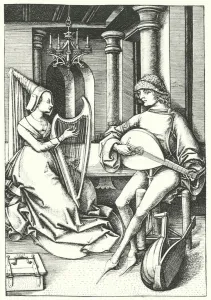 Musicians playing the lute and the harp in a country house in the 15th century (engraving) Musicians playing the lute and the harp in a country house in the 15th century (engraving)