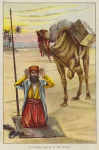 Muslim man performing evening prayers in the desert (chromolitho) Muslim man performing evening prayers in the desert (chromolitho)