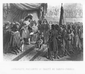 Napoleon Bonaparte presenting the Treaty of Campo Formio (engraving) Napoleon Bonaparte presenting the Treaty of Campo Formio (engraving)