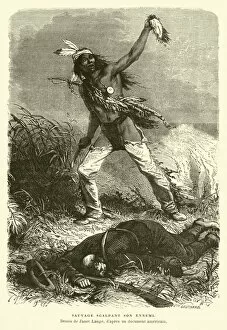 Native American holding up the scalp of his enemy (engraving)