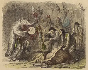 A Native American medicine man reciting an incantation to cure sickness (coloured engraving) A Native American medicine man reciting an incantation to cure sickness (coloured engraving)