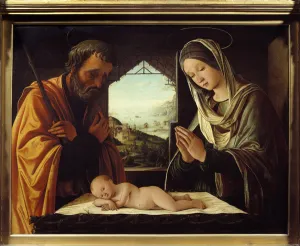 Nativite wood painting by Lorenzo Costa (1460-1535) 1490 Dim Nativite wood painting by Lorenzo Costa (1460-1535) 1490 Dim