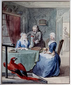 A naturalist shows two women a jar containing a snake in the foreground a parrot A naturalist shows two women a jar containing a snake in the foreground a parrot