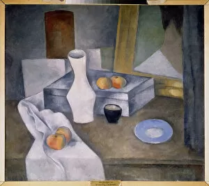 Crockery Gallery: Nature morte avec pommes et soucoupe bleue (Still life with apples and blue saucer)