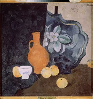Crockery Gallery: Nature morte avec un vase jaune et un bol blanc (Still life with a yellow jug and a white bowl)
