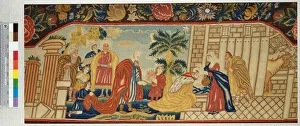 A needlework sofa seat finely worked in a tent stitch depicting the Adoration of the Magi A needlework sofa seat finely worked in a tent stitch depicting the Adoration of the Magi