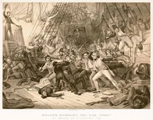 Admiral Horatio Nelson Gallery: Nelson boarding the 'San Josef'(engraving)