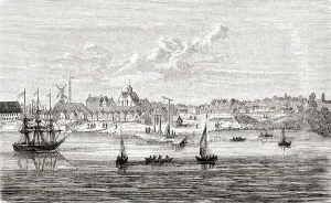 New Amsterdam, a 17th-century Dutch settlement on the southern tip of Manhattan Island New Amsterdam, a 17th-century Dutch settlement on the southern tip of Manhattan Island