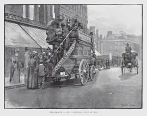 New Bridge Street Gallery: New Bridge Street, Struggle for the Bus (litho)