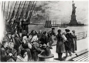 New York - Welcome to the land of freedom - An ocean steamer passing the Statue of New York - Welcome to the land of freedom - An ocean steamer passing the Statue of