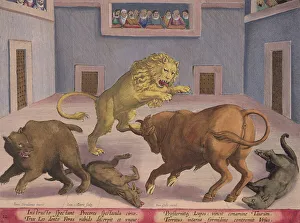 Noblemen Watch Combat of Wild Beasts in an Indoor Circus, plate 12 from Venationes Ferarum, Avium Noblemen Watch Combat of Wild Beasts in an Indoor Circus, plate 12 from Venationes Ferarum, Avium