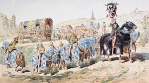 Noblewoman in Horse Drawn Coach escorted by Trumpet Players in the 13th Century, 1886 Noblewoman in Horse Drawn Coach escorted by Trumpet Players in the 13th Century, 1886