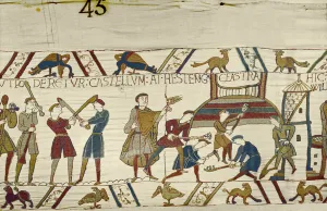 Normans construct fortifications at Hastings, Bayeux Tapestry (wool embroidery on linen) Normans construct fortifications at Hastings, Bayeux Tapestry (wool embroidery on linen)