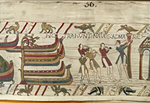 The Normans pull their ships to the sea, Bayeux Tapestry (wool embroidery on linen)