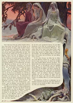 The Norns sitting at the foot of Yggdrasill, the tree of the world (colour litho)