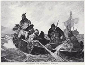 Norwegians landing on Iceland, 872 (engraving)