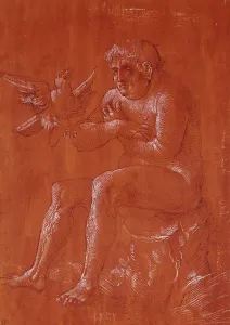 Nude man sitting on a tree trunk listening to a parrot (pen & ink and white chalk Nude man sitting on a tree trunk listening to a parrot (pen & ink and white chalk