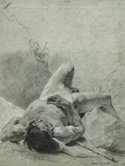 Images Dated 30th December 2011: A Nude Youth Sprawled on His Back, upon a Bank, Lying on a Standard