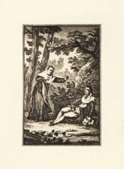 A nun discovers a monk masturbating in a wood, 18th century., 1911 (engraving)