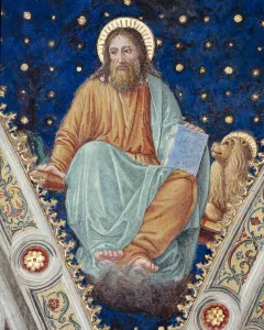 The nuns choir, pictorial decoration of the intrados of the upper vault: St. Mark (fresco) The nuns choir, pictorial decoration of the intrados of the upper vault: St. Mark (fresco)