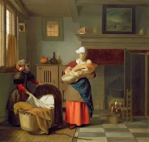 Nursemaid with baby in an interior and a young girl preparing the cradle Nursemaid with baby in an interior and a young girl preparing the cradle