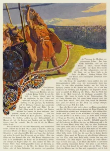 Odin throwing his spear to begin the Aesir-Vanir War (colour litho) Odin throwing his spear to begin the Aesir-Vanir War (colour litho)