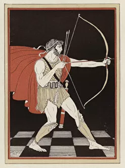 Odysseus drawing his bow (colour litho)