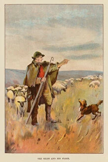 Old Giles and his Flock (colour litho)