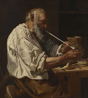 Old Peasant Lighting a Pipe, c.1660 (oil on canvas)