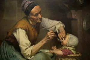 An old woman feeds her granddaughter held in a wicker baby walker, by Edouard Jerome Paupion, 1884 (painting) An old woman feeds her granddaughter held in a wicker baby walker, by Edouard Jerome Paupion, 1884 (painting)