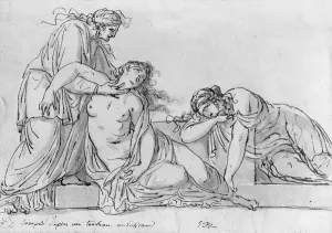 Old woman leaning over two fainting women, c Old woman leaning over two fainting women, c