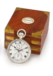 Openface keyless lever deck watch and case, 1900 (silver & mahogany) Openface keyless lever deck watch and case, 1900 (silver & mahogany)
